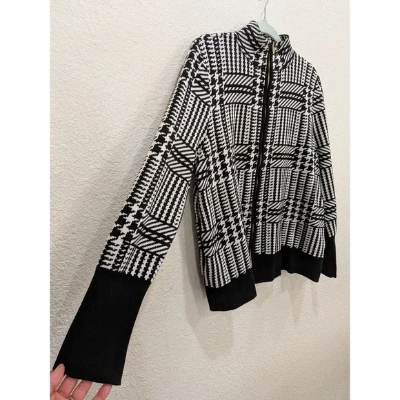 NWOT Jones New York Sweater Jacket XL Black White Houndstooth Zip Geometric - Picture 2 of 11